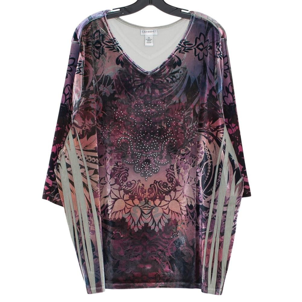 Catherines Velvet Tunic Top Floral Abstract Boho V Neck 3/4 Sleeve Plus Size 3X